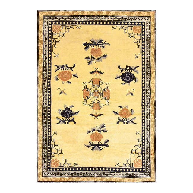 1920s Yellow Mustard Medallion Antique Chinese Khotan Rug 5' 4'' X 8' 0'' Knotted Pile Wool Carpet For Sale