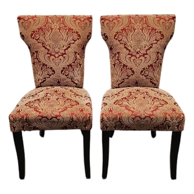 Set of 2 Red & Gold Damask Accent Chairs — Late 20th Century, Traditional Design For Sale