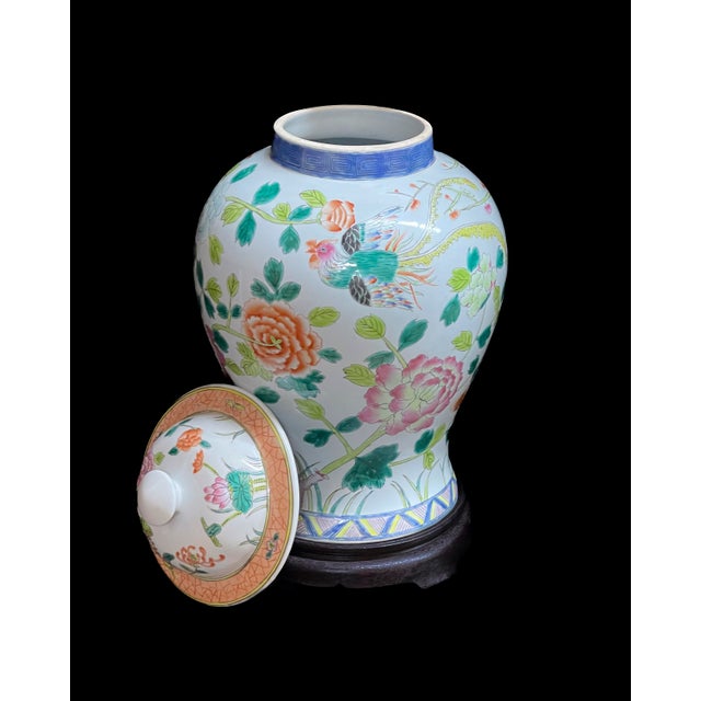 Vintage Hand Painted Famille Rose Porcelain Ginger Jar: Floral Phoenix Design For Sale - Image 4 of 7