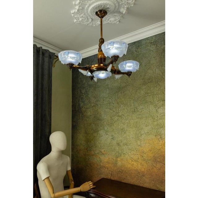 Art Deco French Coppered Metal and Opalescent Glass Chandelier from Ezan, 1930s For Sale - Image 16 of 18