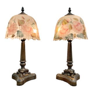 Pair of Vintage Reverse-Painted Floral Glass Boudoir Lamps, Signed “Carol,” 1970s For Sale