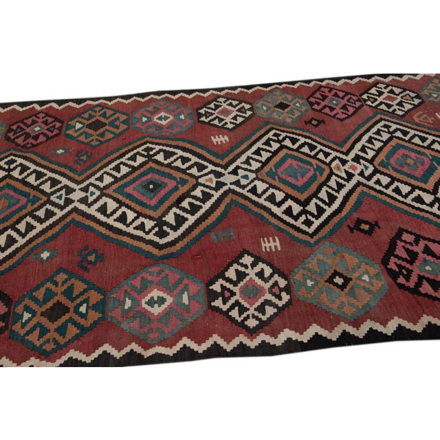 Burgundy Vintage Kilim Handmade Flatweave Tribal Motif Red Wool Runner For Sale - Image 8 of 11