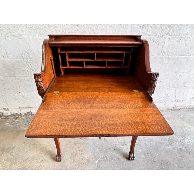 Wood Antique Tiger Oak Slant Front Secretary Desk For Sale - Image 7 of 15