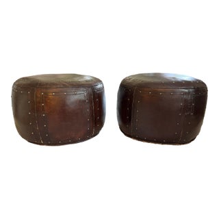 Pair of Vintage Brown Leather Ottomans For Sale