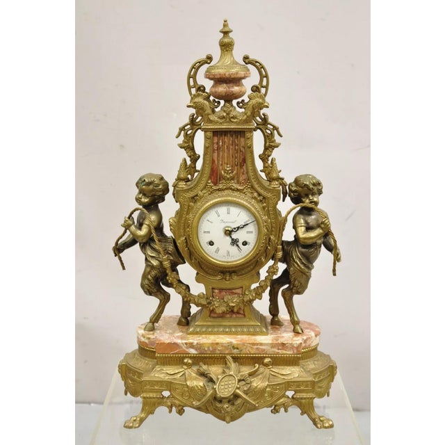 Vintage French Louis XV Style Brevetatto Italy Brass Marble Figural Cherub Clock For Sale - Image 12 of 12