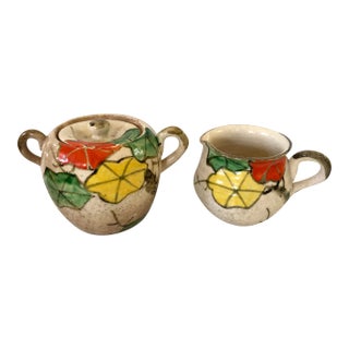 Vintage Wabi Sabi Japanese Pottery Creamer and Covered Sugar For Sale