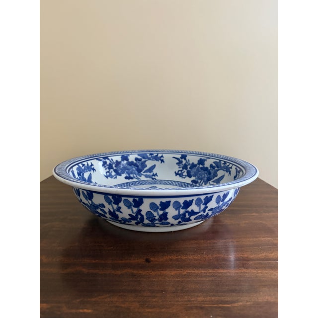 Late 20th Century Chinoiserie Blue and White Porcelain Large Decorative Bowl For Sale - Image 4 of 9