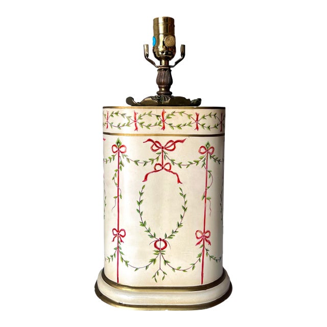 Vintage Chelsea House Hand Painted Topiary and Ribbon Bow Table Lamp With Brass Accents For Sale