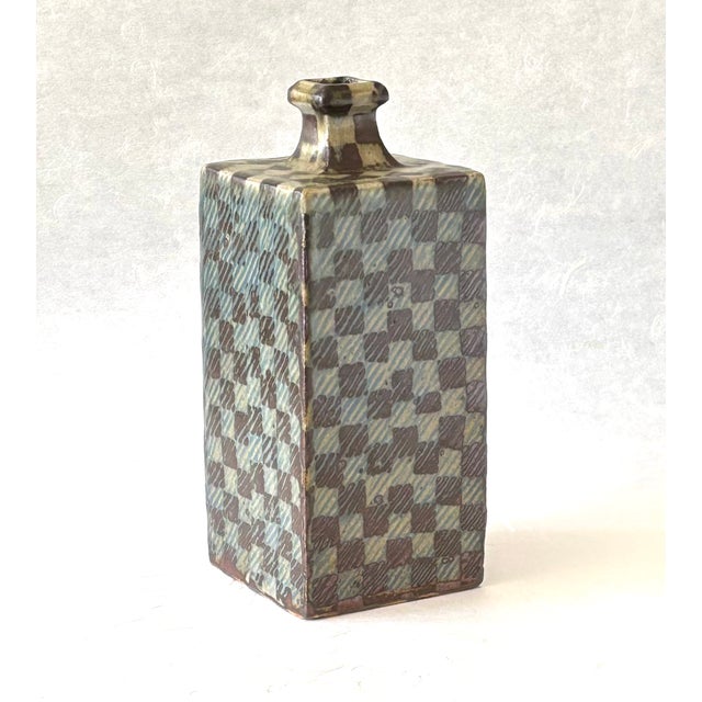 You are buying a very special stoneware vase made by a Japanese Living National Treasure! This is a geometric ceramic vase...