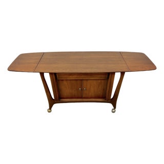 Sculpted Mid-Century Rolling Drop-Leaf Walnut Bar Cart For Sale