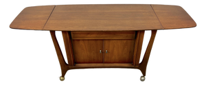 Sculpted Mid-Century Rolling Drop-Leaf Walnut Bar Cart
