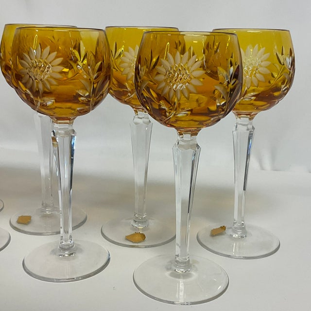 Mid 20th Century Mid-Century Hollywood Regency German Amber Hand Cut Crystal Wine Glasses - Set of 8. For Sale - Image 5 of 12