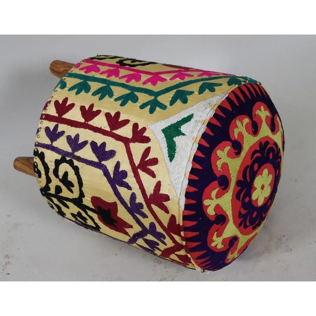 Yellow Vintage Oriental Stool with Suzani Upholstery, 1950s For Sale - Image 8 of 12