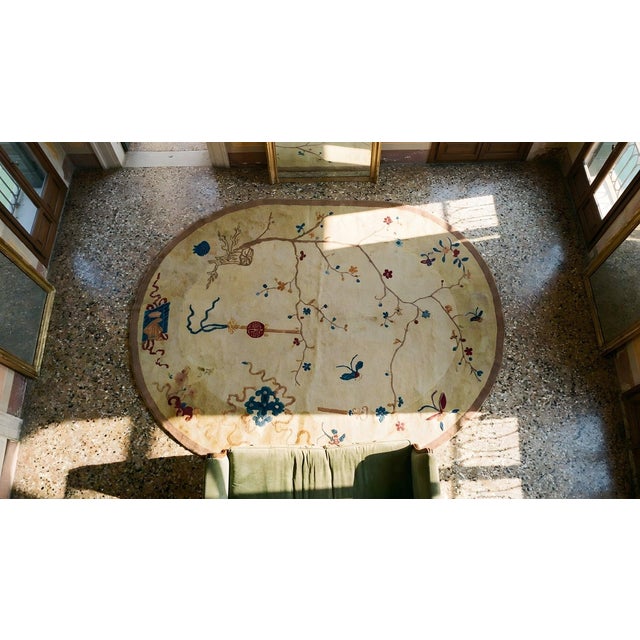 1920s Beige Floral Antique Chinese Oval Art Deco Carpet 6'2'' X 7'9'' Wool Knotted Rug For Sale - Image 12 of 12