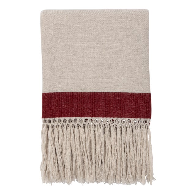 Merino Wool Fringed Red-Banded Throw by Villa Como For Sale