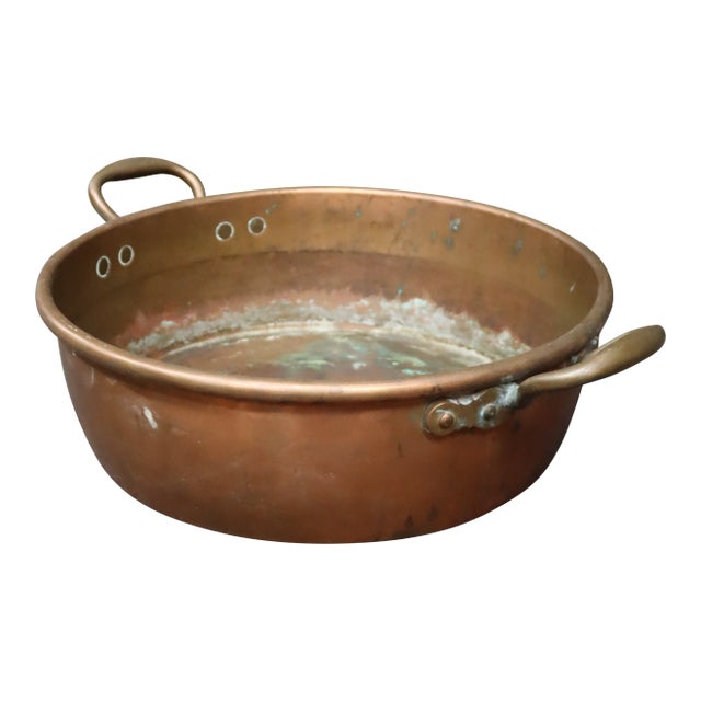 Antique Copper Jam Pan With Riveted Brass Handles For Sale