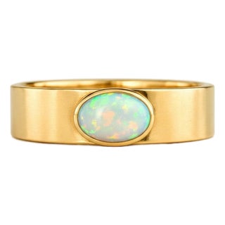 Bezel Set Oval Opal Wide Matte Band Silver, Gold, Size 10 For Sale