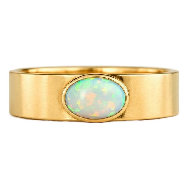 Bezel Set Oval Opal Wide Matte Band Silver, Gold, Size 10 For Sale