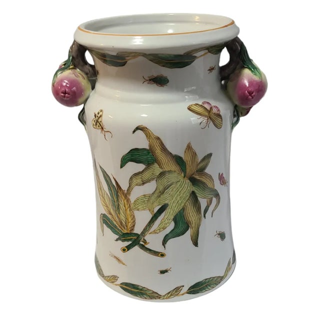 Rose Vintage Asian Hand Painted Porcelain Butterflys Pomegranate Handles Vase For Sale - Image 8 of 10