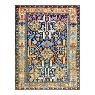 1890s Royal Blue Rustic Perpedil Square Antique Caucasian Shirvan Rug 4'0" X 4'9" Knotted Wool Carpet For Sale