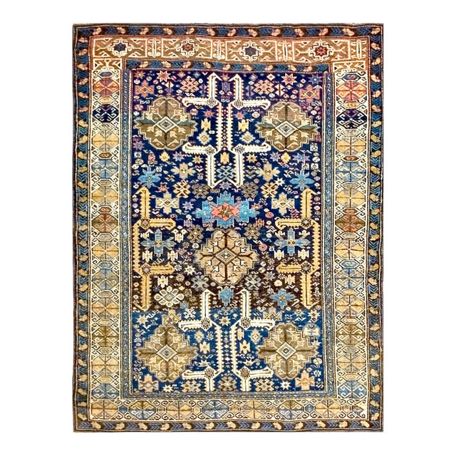 1890s Royal Blue Rustic Perpedil Square Antique Caucasian Shirvan Rug 4'0" X 4'9" Knotted Wool Carpet For Sale