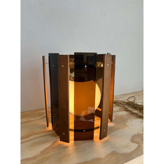 Mid-Century Modern 1970s Mid-Century Modern Swag Lamp Light With Smoked Lucite & Wood Panels For Sale - Image 3 of 12