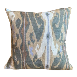 Ikat Raw Silk Square Decorative Pillow in Green, Tan
