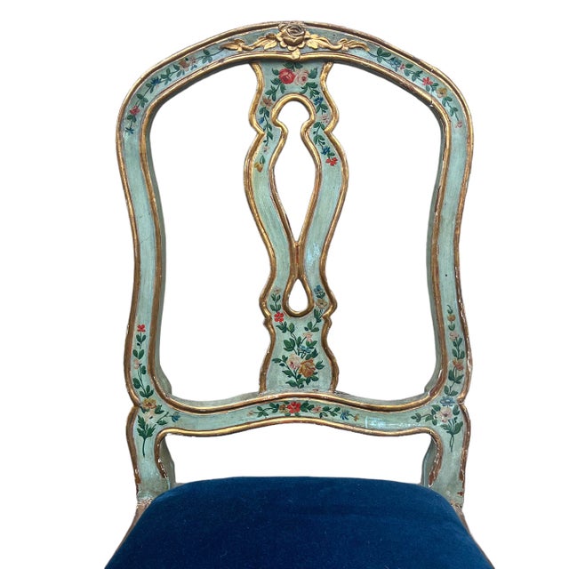 Late 19th Century 19th-C. Italian / Venetian Celadon Floral Painted Side Chairs in Blue Velvet- Pair For Sale - Image 5 of 10