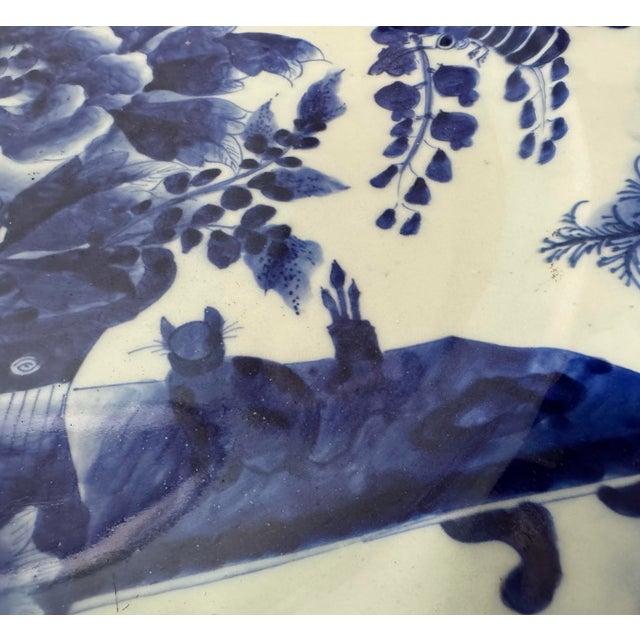 Antique Blue & White Imari Porcelain 17.25" Floral Decorated Charger With Cat & Bees For Sale - Image 6 of 8