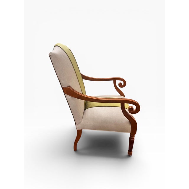 Baker Furniture Company Reupholstered Attributed Baker Furniture Milling Road Accent Chair With Embossed Leather Back For Sale - Image 4 of 11