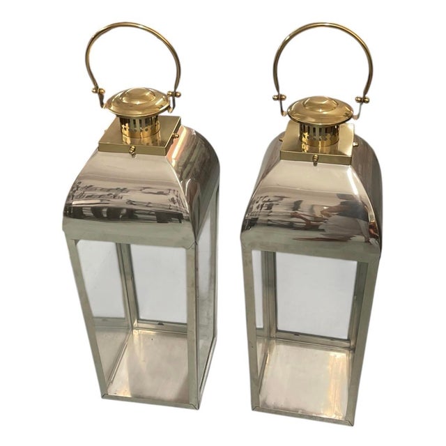 Hollywood Regency Pair of Vintage Hollywood Regency Style Polished Nickel & Brass Large Floor Lanterns For Sale - Image 3 of 12