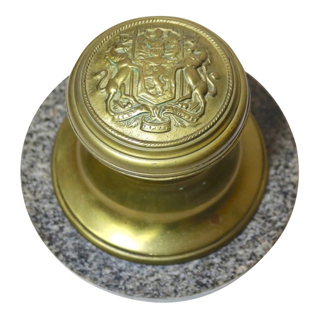 Large Antique British Coat of Arms Gilt Bronze Brass Marble Writing Desk Inkwell For Sale