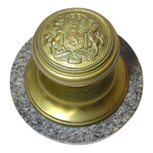 Large Antique British Coat of Arms Gilt Bronze Brass Marble Writing Desk Inkwell