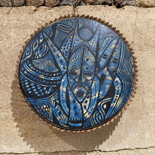 1970s Modern Pottery Art Blue Tambourine Goatskin and Wood Joseph Amedokpo For Sale - Image 4 of 9