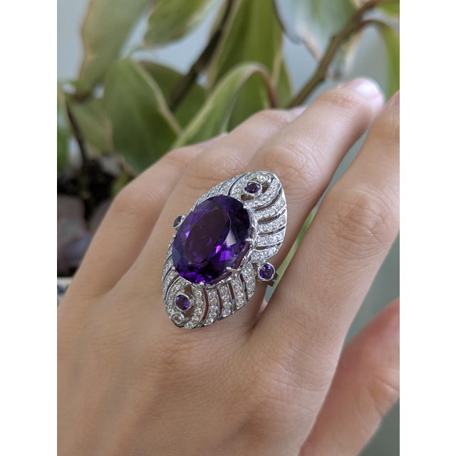 Art Deco 22cts Zambian Amethyst Ring With Earth Mined Diamond Accents in 14k Solid Gold, Size 6.75 For Sale - Image 3 of 7
