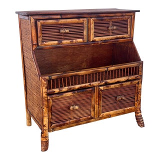 Vintage Palm Beach Regency Burnt Bamboo Split Reed Side Table Chest For Sale