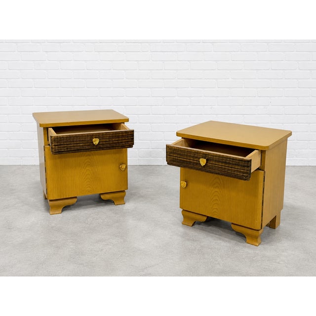 Mid-Century Modern Pair - Mid Century Dutch Modern Nightstands | Art Deco Bedside Tables, C. 1950's For Sale - Image 3 of 11