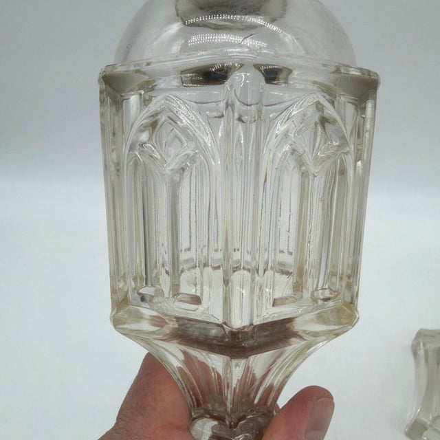 1850s Gothic Arch Pressed-Glass Oil Lamps, Attributed to Boston & Sandwich, - Pair For Sale - Image 6 of 18