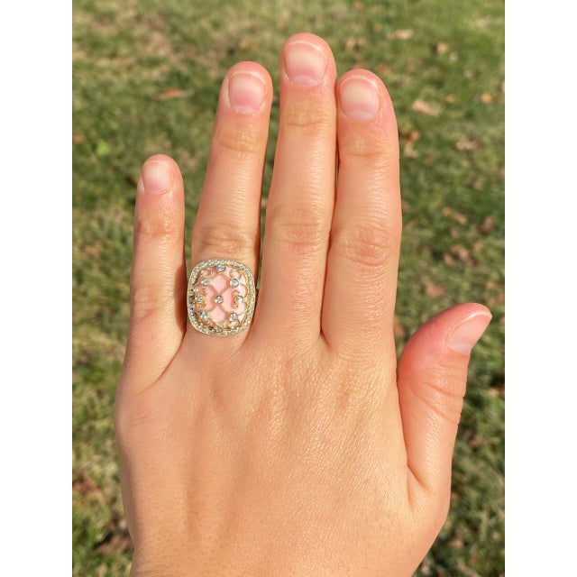 The 154th Avenue: Pink Coral and Natural Diamond Cocktail Ring in Yellow Gold For Sale - Image 10 of 11