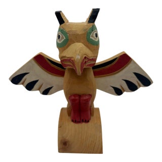 Vintage Alaska Black Diamond Hand-Carved Painted Wood Bird Totem Sculpture For Sale
