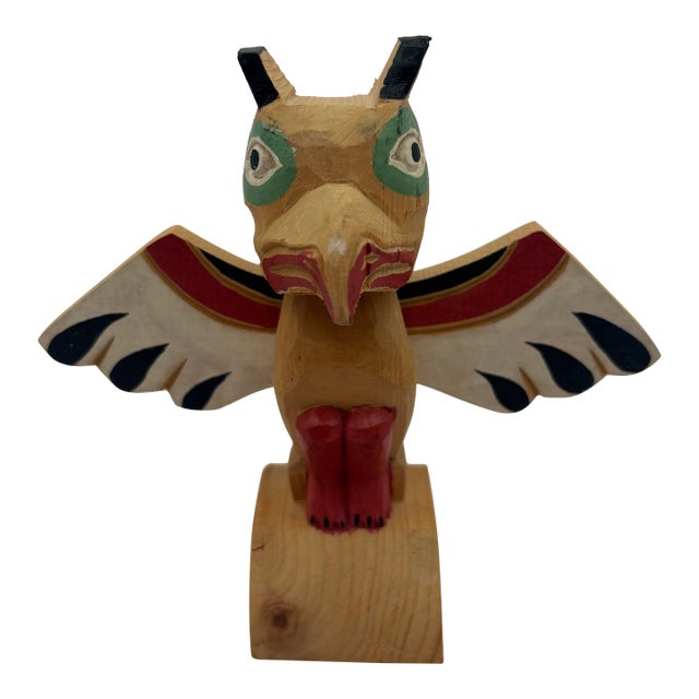Vintage Alaska Black Diamond Hand-Carved Painted Wood Bird Totem Sculpture For Sale
