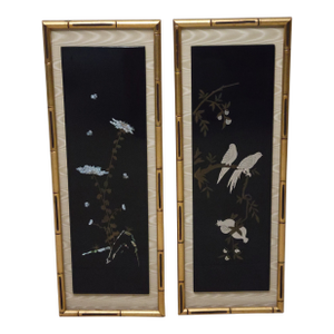 Pair of Mid 20th Century Black Lacquer Panels With Mother of Pearl Inlay