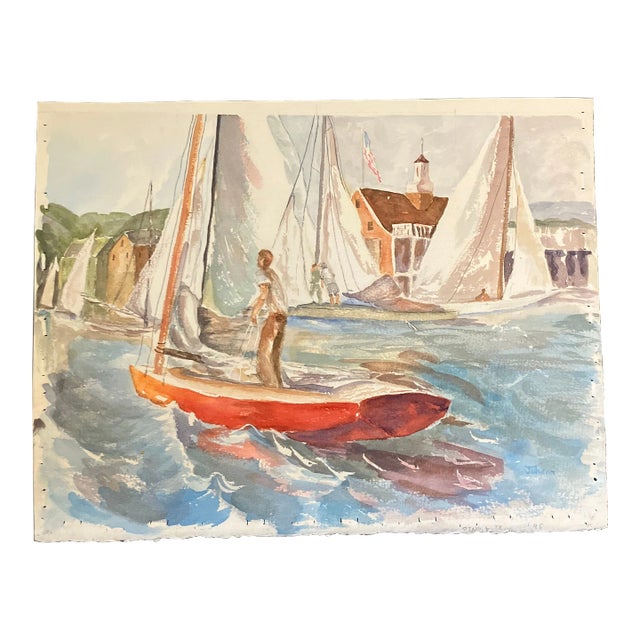 1980s Original Vintage Nautical Watercolor Painting For Sale