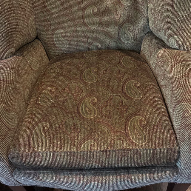 Dessin Fournir Pair of Custom Made Wingback Chairs in Paisley Corduroy, Perfect Condition For Sale - Image 4 of 12