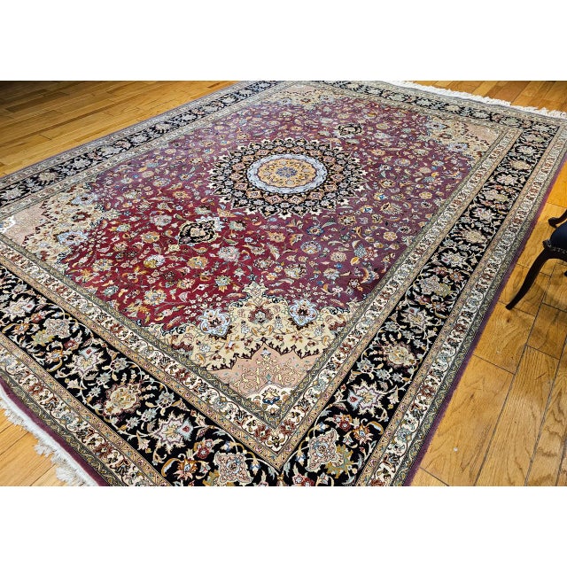 Burgundy Vintage Persian Tabriz Rug, Hand-Knotted Wool & Silk, Fine Floral Pattern, Burgundy & Navy, 10x13 For Sale - Image 8 of 18