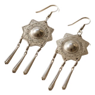 Vintage Hill Tribe Starburst Dangle Earrings - Boho Silver Drop Fringe Earrings, Pair For Sale