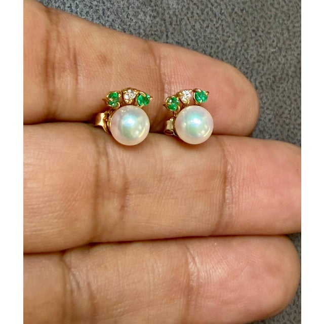 Green 6 MM White Akoya Aaa Pearl Stud Earrings 14 K Yellow Gold + Diamond + Emerald For Sale - Image 8 of 8