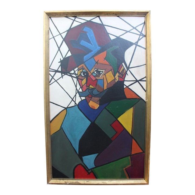 "Man in Hat" Contemporary Cubist Style Figurative Acrylic Painting Framed For Sale