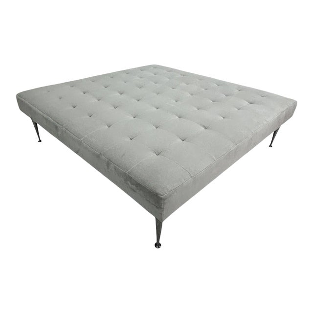 Oversized Square Tufted Ottoman in Light Grey Velvet With Solid Cast Steel Legs For Sale