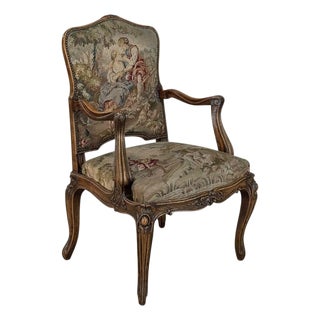 Antique French Louis XV Walnut Needlepoint Armchair ~ Fauteuil For Sale